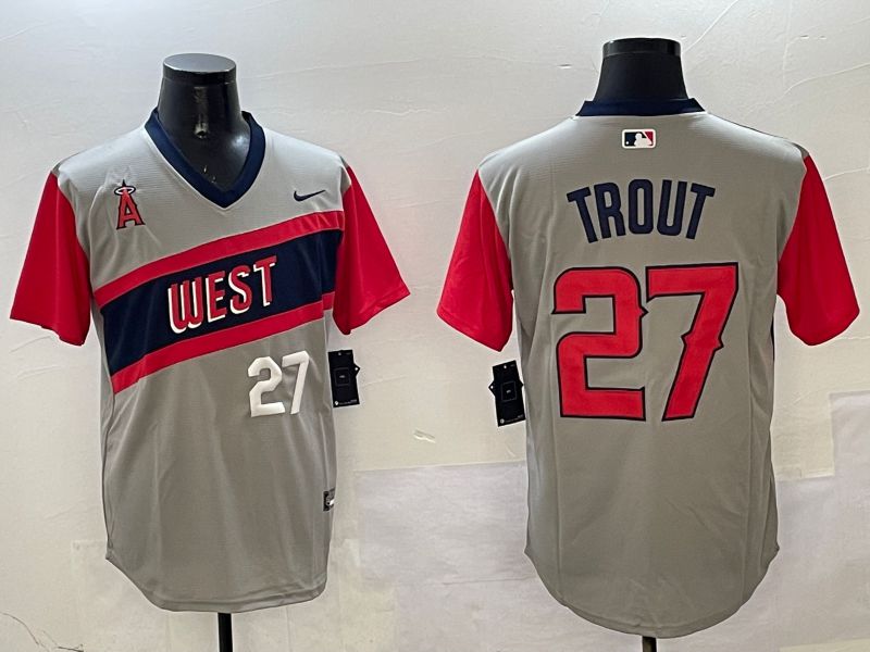 Men Los Angeles Angels #27 Trout Grey Throwback Game 2025 Nike MLB Jersey style 6->los angeles angels->MLB Jersey